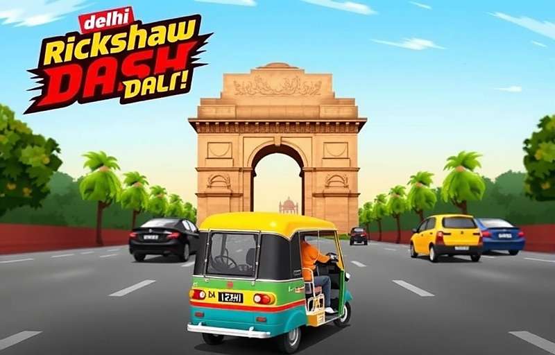 Delhi Rickshaw Dash Official Cover Delhi Rickshaw Dash game cover showing colorful auto rickshaw in front of India Gate