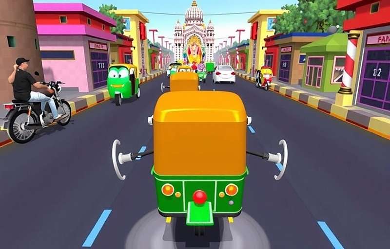 Delhi Rickshaw Dash Festival Procession Challenge Delhi Rickshaw Dash gameplay showing auto rickshaw navigating around a religious procession