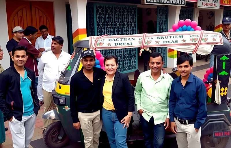 Delhi Rickshaw Dash Community Meetup Delhi Rickshaw Dash community meetup in Delhi with players posing in front of a real auto rickshaw decorated like in the game